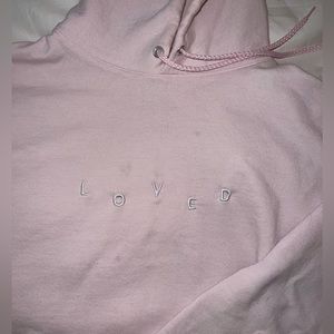XL light pink hoodie with white embroidered “loved”
